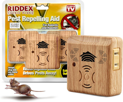 Riddex Sonic Plus Ultrasonic Pest Repeller, Plug in with Outlets for Indoor Use - Insect Repellent - Bug Repellents for Home Defense - Protect Against Rodents and Insects (3 Pack Wood)