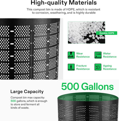 VIVOSUN 500 Gallon Outdoor Compost Bin, Expandable Composter, Easy to Setup & Large Capacity for Backyard, Lawn (Black with Gloves)