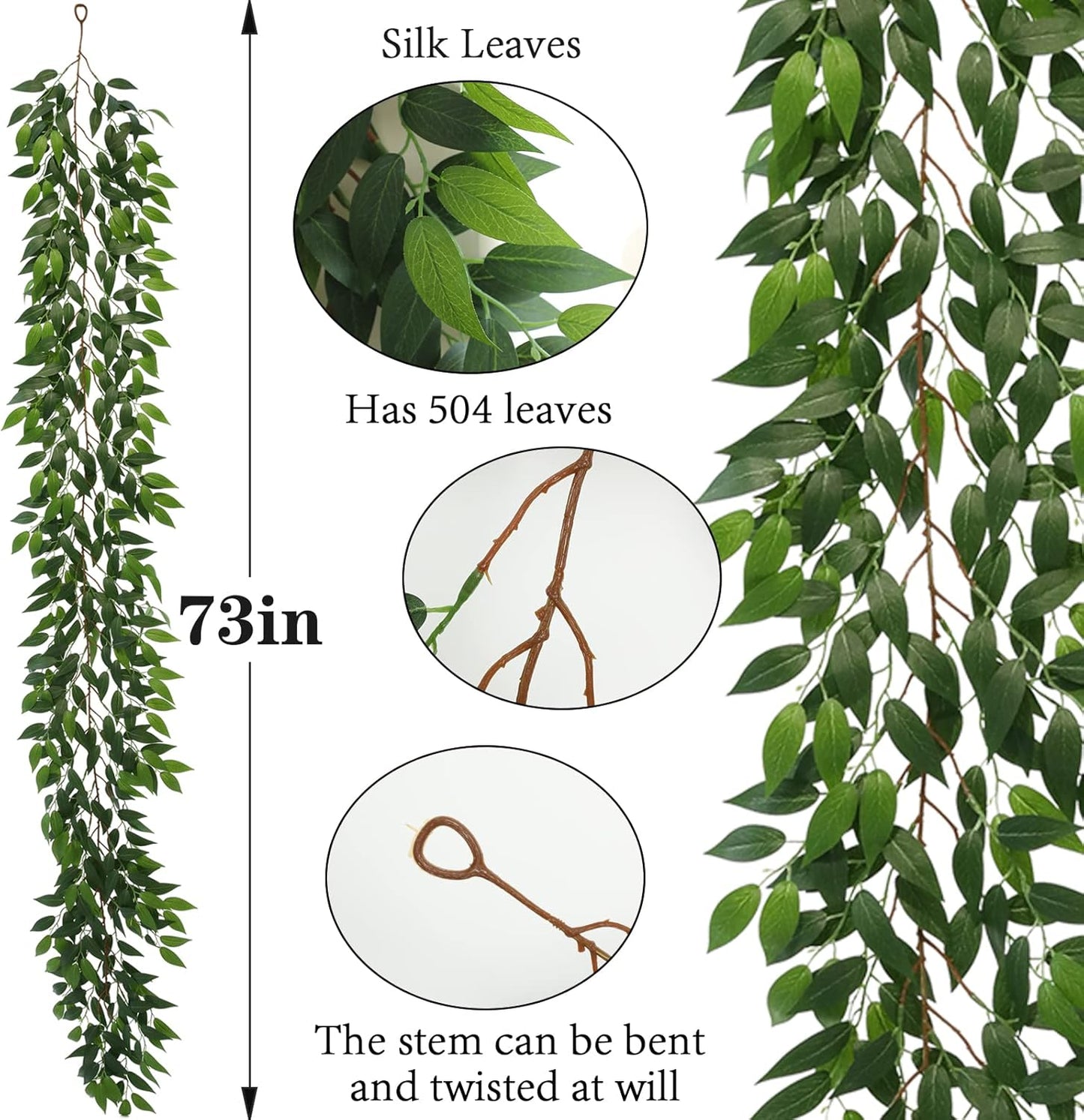 3 Strands Italian Ruscus Artificial Vines, 73" Silk Vine Garland with Green Leaves, Fake Hanging Plants Greenery Decor for Home, Bedroom, Wall, Party, Wedding Decoration