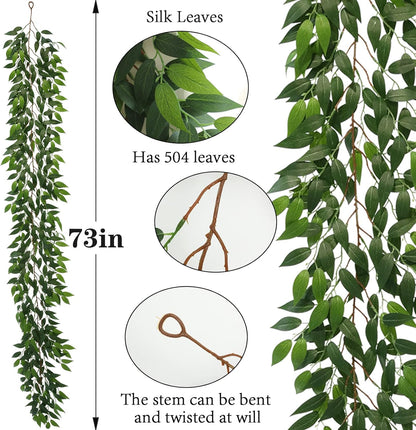 3 Strands Italian Ruscus Artificial Vines, 73" Silk Vine Garland with Green Leaves, Fake Hanging Plants Greenery Decor for Home, Bedroom, Wall, Party, Wedding Decoration