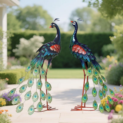 chisheen Garden Decor Outdoor Statues, Metal Peacock Decor for Outside, Garden Art Sculptures Standing for Patio Yard Lawn Home Decorations, Set of 2