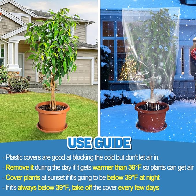 ANPHSIN 6 Pcs Winter Plant Film Cover with Drawstring - 35" x 59" Plastic Plant Cover Freeze Protection Transparent Waterproof Plant Shelter Bag for Outdoors Garden Plants Shrubs Sapling Crops