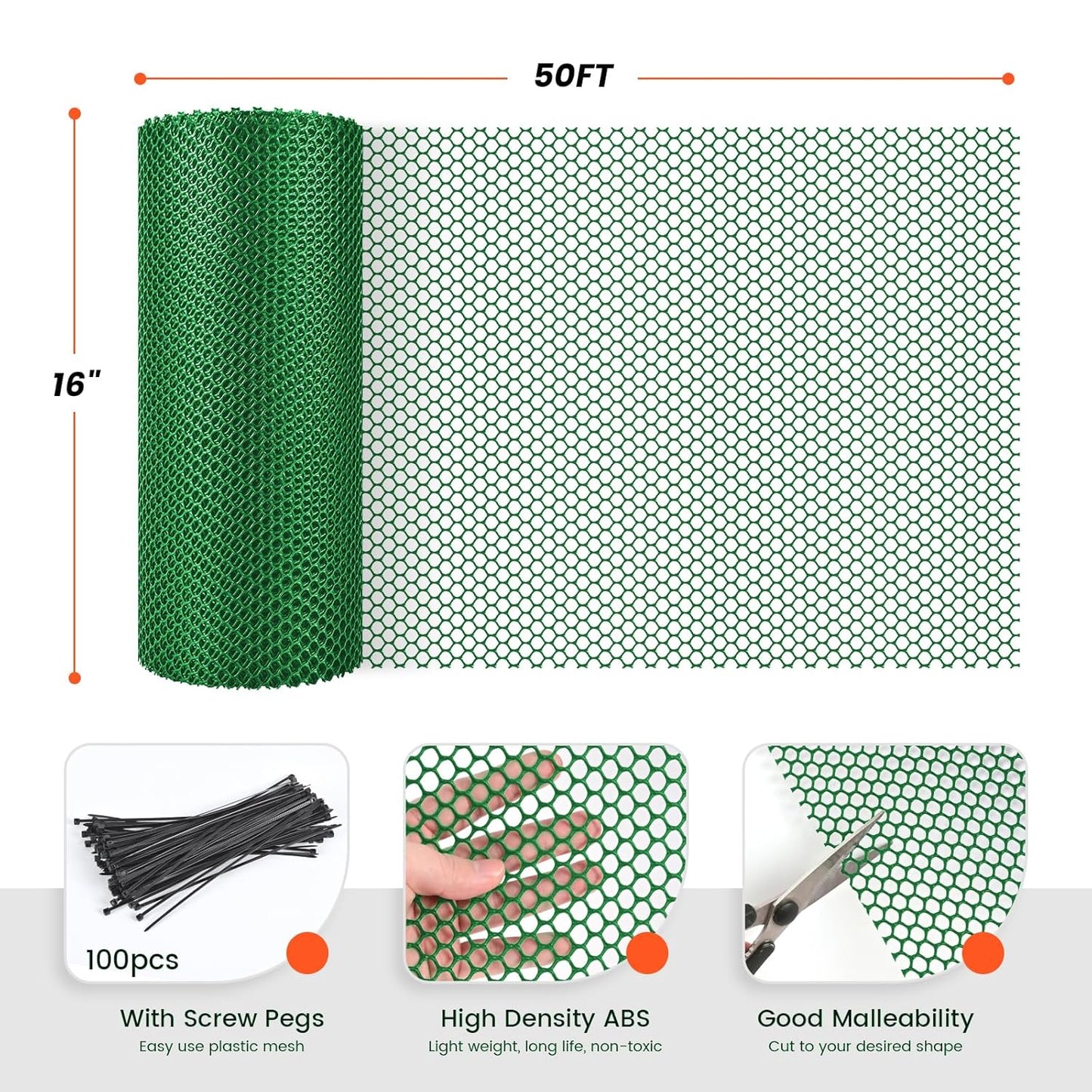16IN x 50FT Plastic Chicken Wire Mesh, Chicken Wire for Floral Arrangements, Chicken Wire Mesh for Crafts with 100 Pcs Zip Ties, Mesh Fence for Dogs, Deers, Poultry