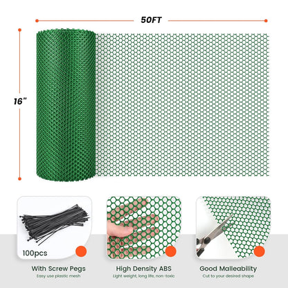 16IN x 50FT Plastic Chicken Wire Mesh, Chicken Wire for Floral Arrangements, Chicken Wire Mesh for Crafts with 100 Pcs Zip Ties, Mesh Fence for Dogs, Deers, Poultry