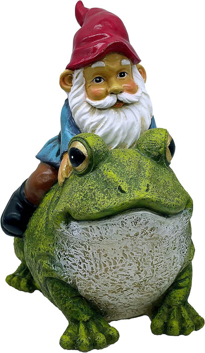 Garden Gnome Riding on Frog, Outdoor Garden Gnomes, Lawn Gnome Statue Sculpture