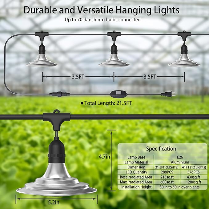 6-Light Outdoor LED Grow Lights – Waterproof Full Spectrum Greenhouse Lights for Plants, 21.3FT Adjustable String Lights with 288 LEDs E26 Base Bulbs, IP44 Waterproof for Garden, Farm, Yard