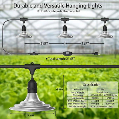 6-Light Outdoor LED Grow Lights – Waterproof Full Spectrum Greenhouse Lights for Plants, 21.3FT Adjustable String Lights with 288 LEDs E26 Base Bulbs, IP44 Waterproof for Garden, Farm, Yard