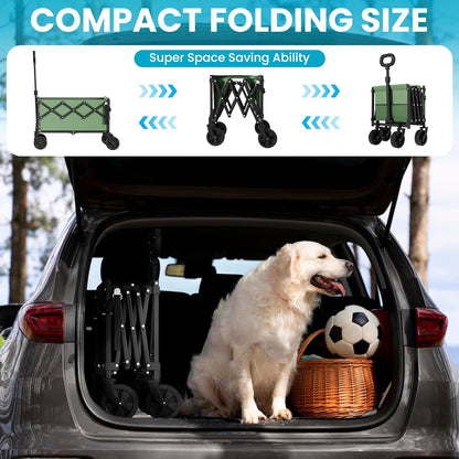 Collapsible Wagon with Tailgate, Wagons Carts Foldable with 350lbs Capacity, Lightweight Portable Utility Wagon Cart for Shopping Camping Sports Garden（Green）
