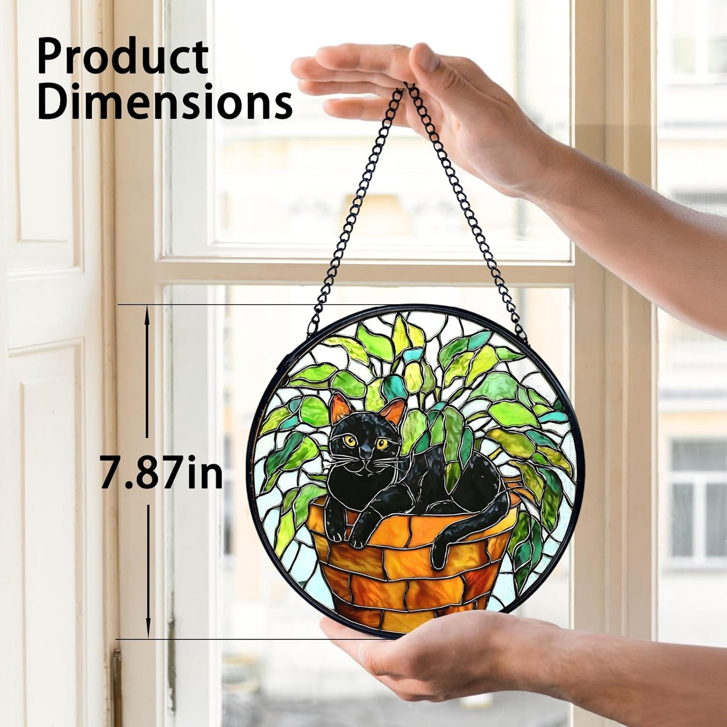TNUW Black Cat Plant Stained Glass Window Hanging, Black Cat Botanical Sun Catchers Indoor Window Glass Round Wall Art Decor, Wall Hanging Decorations, 7.9＂x7.9＂