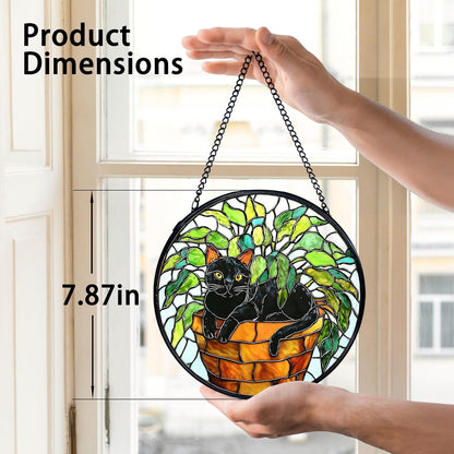 TNUW Black Cat Plant Stained Glass Window Hanging, Black Cat Botanical Sun Catchers Indoor Window Glass Round Wall Art Decor, Wall Hanging Decorations, 7.9＂x7.9＂