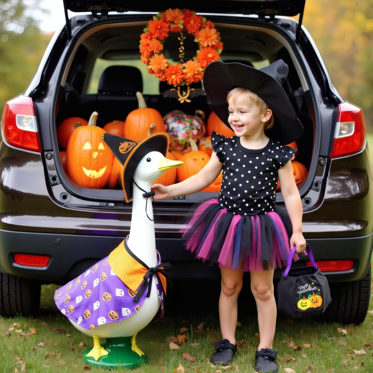 Halloween Porch Goose Outfits 23", Yard Goose Statue Clothes with Pumpkin Trick or Treat Bags, Fall Thanksgiving Outdoor Decor for Patio Lawn Garden and Porch Goode Theme (Pumpkin Ghost Cloak)