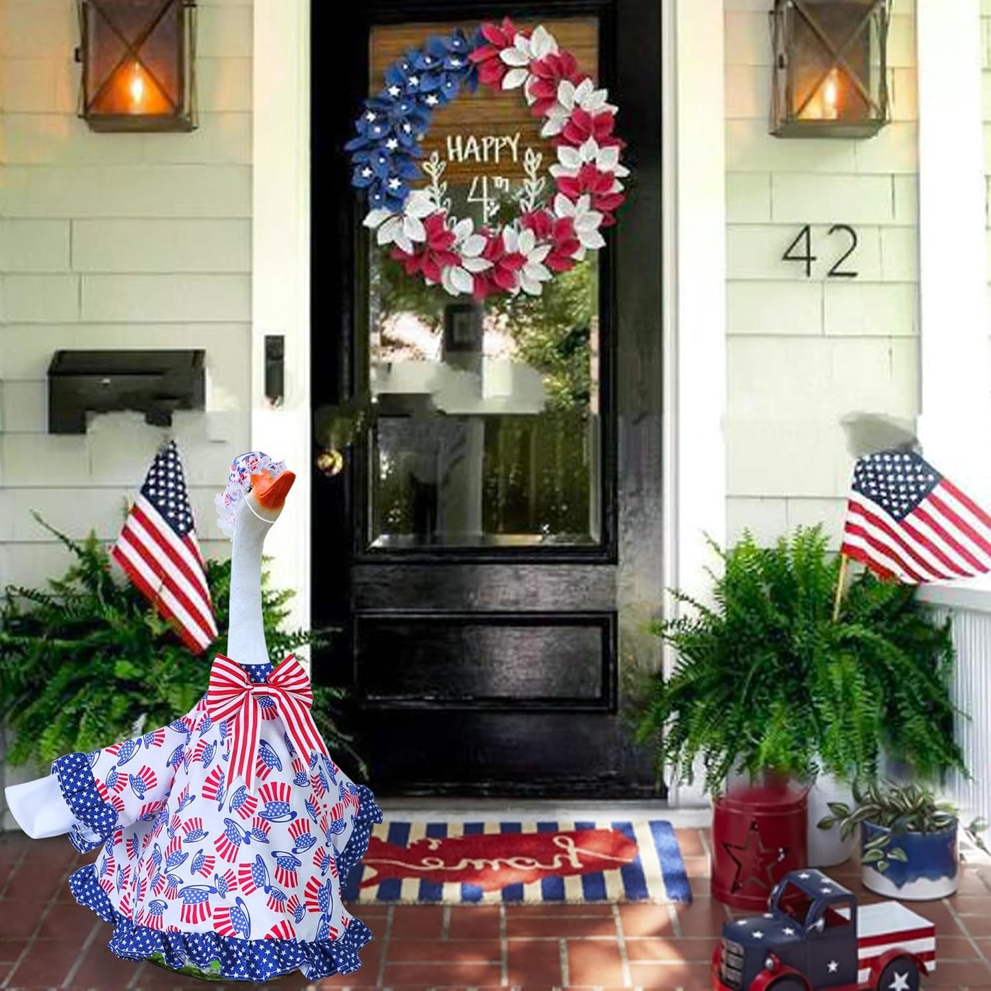 4th of July Goose Outfit Independence Day Clothes for Porch Goose 23" Cement Statue - Outdoor Patio Yard Lawn Decoration
