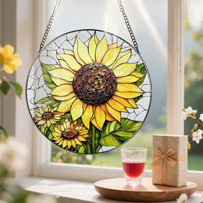 8-Inch Stained Glass Ornament, Stained Glass Window Hanging, Sunflower Ornament, Window Hanging Decor Suncatcher | Mother's Day, Christmas, Birthday, Gifts for Sunflower Plant Lovers