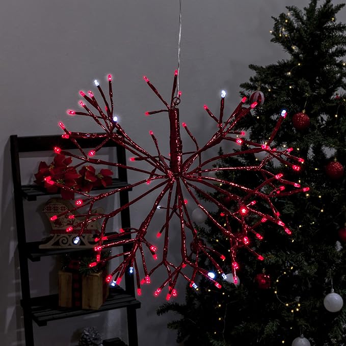 Alpine Corporation 16" Indoor Holiday 3D Snowflake Hanging Ornament with LED Lights, Red , Christmas Decoration