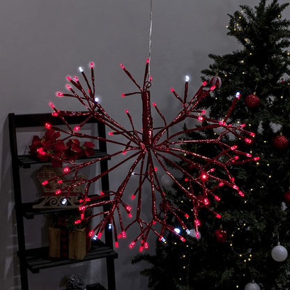 Alpine Corporation 16" Indoor Holiday 3D Snowflake Hanging Ornament with LED Lights, Red , Christmas Decoration