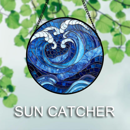 Stained Glass Window Hanging 4 Pcs Set Blue Ocean Waves 9.8" - Starfish Crab Seal Suncatcher Door Garden Sun Catcher Decor Birthday for Mom Woman Nana Men Friend