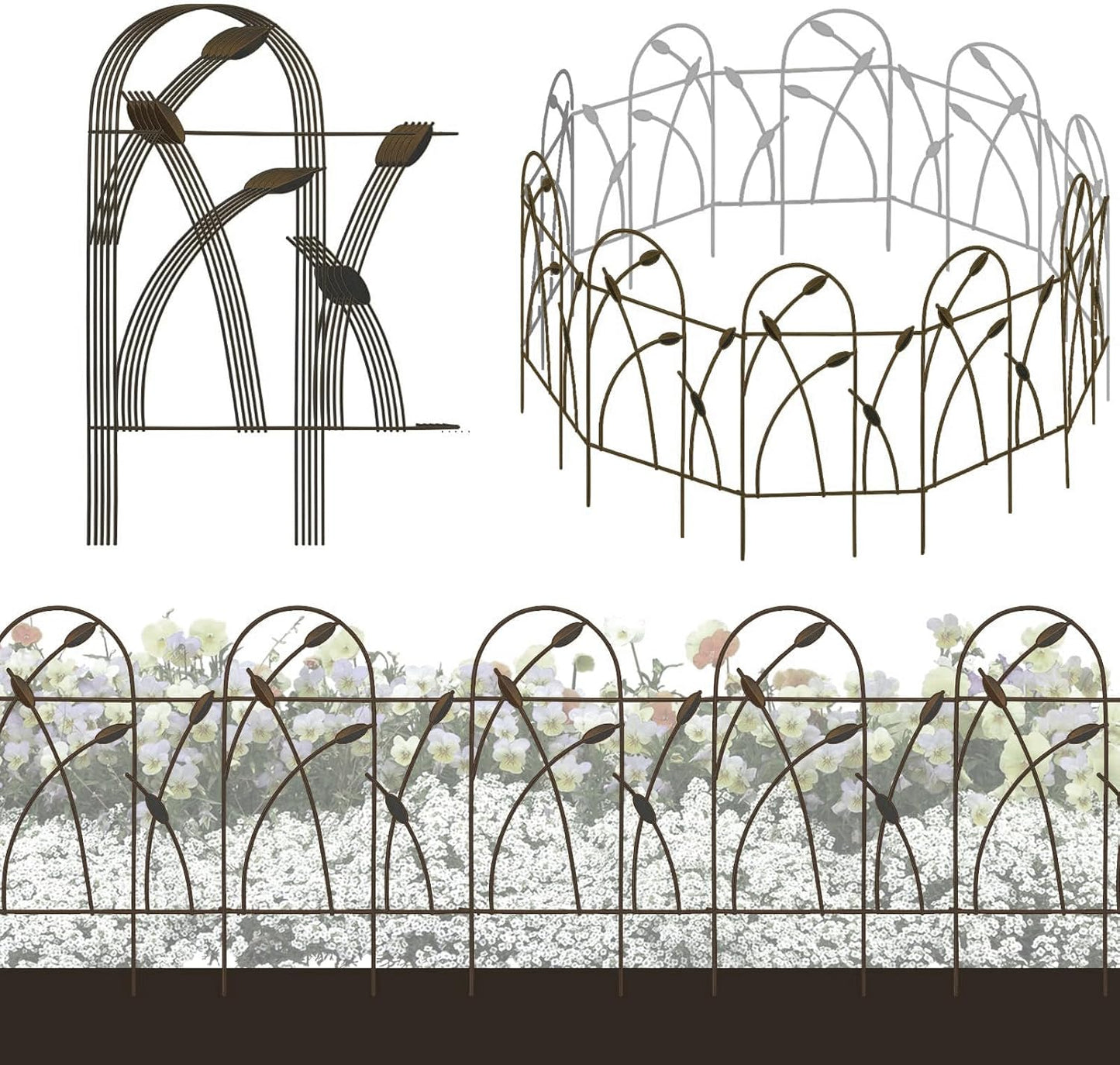 Metal Decorative Garden Fence Border, 32 in x 16 ft,Rustproof Wrought Iron Landscape Fencing for Flower Bed, Trees (Dark Brown)