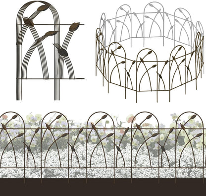 Metal Decorative Garden Fence Border, 32 in x 16 ft,Rustproof Wrought Iron Landscape Fencing for Flower Bed, Trees (Dark Brown)