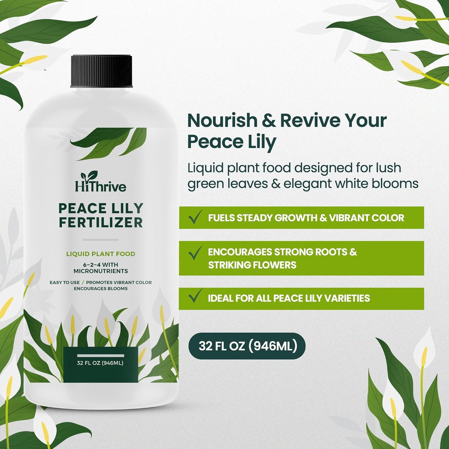 32oz Peace Lily Plant Indoor Live Fertilizer - Makes 192 Gallons of Peace Lily Fertilizer - Nutrient-Rich Liquid Plant Food for Lush Foliage, Stronger Roots, and Elegant White Blooms
