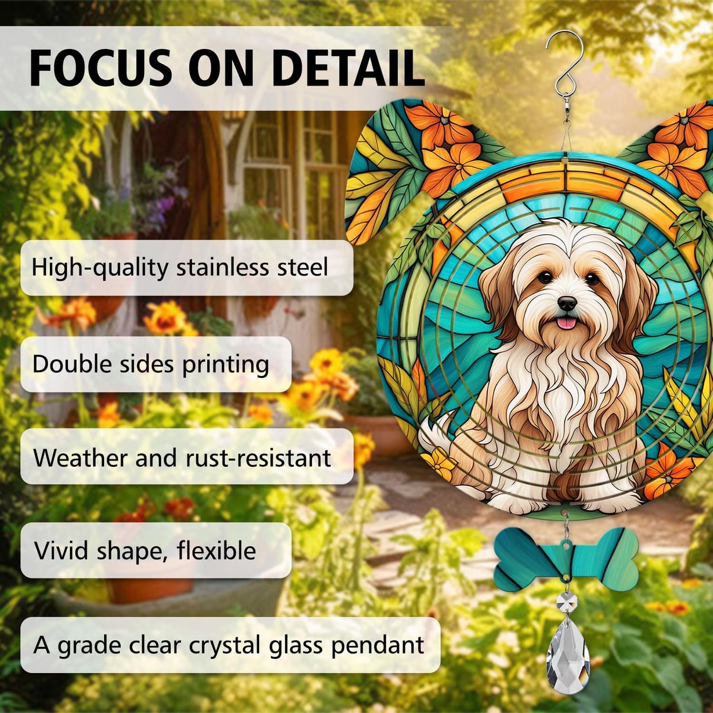 Havanese Dog Ears Wind Spinner, Havanese Wind Spinner Hanging for Yard and Garden V02