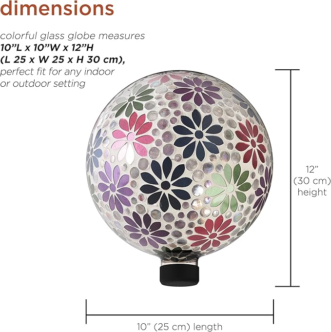 Alpine Corporation 10" Diameter Indoor/Outdoor Glass Mosaic Gazing Globe Yard Decoration, Colorful Daisy Design