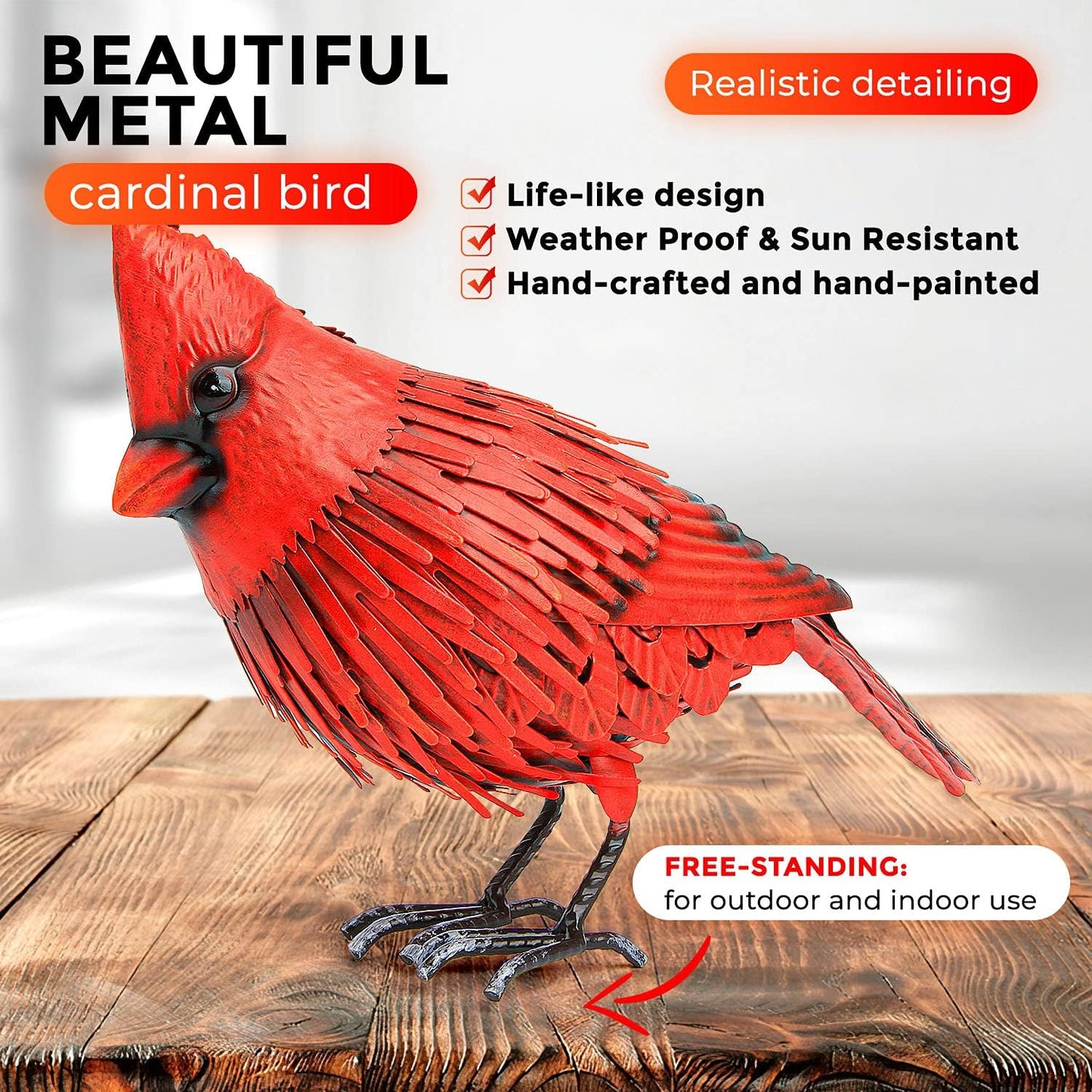 Cardinal Statue Metal Bird Garden Decor - Metal Yard Art - Outdoor Sculptures & Statues - Large Red Bird - Ornaments for Patio Balcony - Sympathy Gift