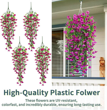4 Pack Artificial Faux Hanging Flowers Plant for Outdoor, Fake Silk Morning Glory with Eucalyptus UV Resistant Realistic Trailing Vine for Wall Home Porch Patio Balcony Yard Indoor Decor, Rose Red