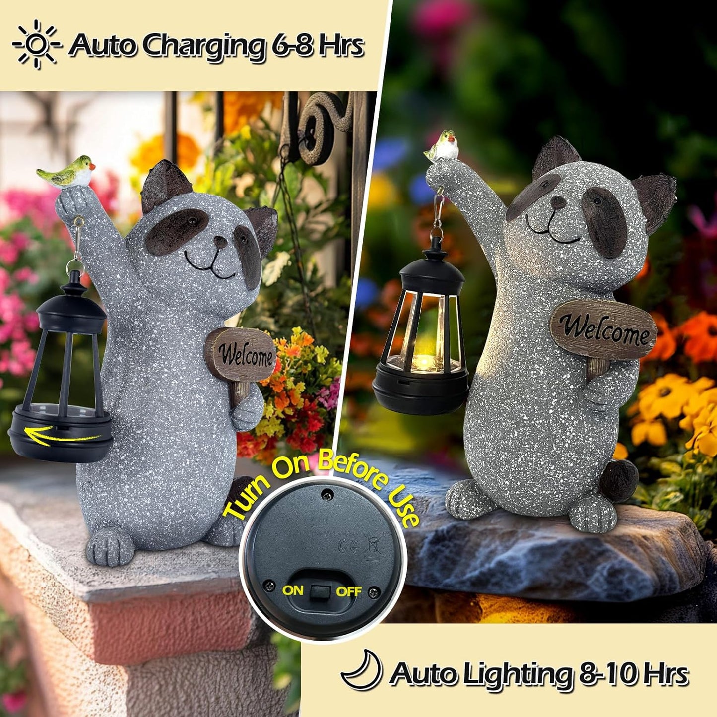 Raccoon Garden Statue with Solar Lantern, Cute Raccoon Figurine Light with Welcome Sign and Bird for Outdoor Patio Balcony Yard, Unique Resin Statue for Mom Grandma Women