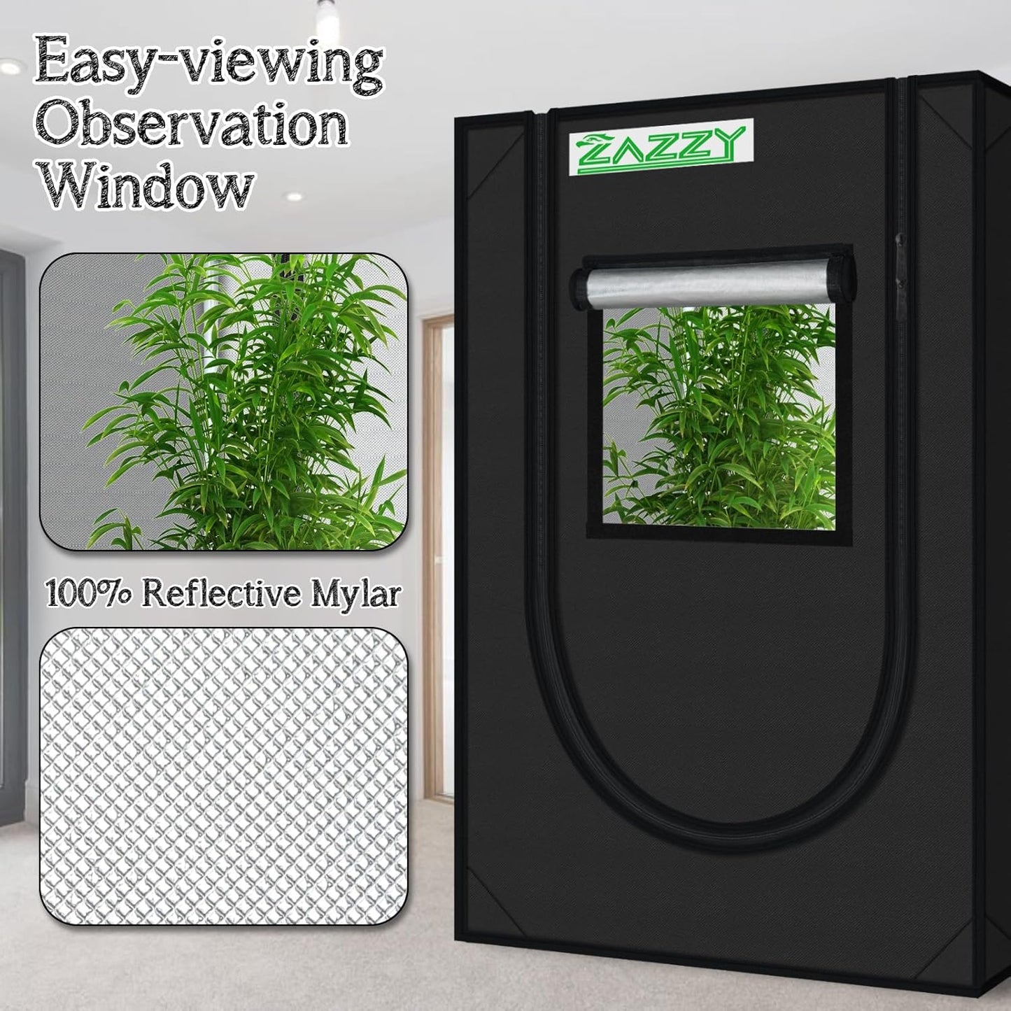 zazzy Grow Tent, 24"x24"x36" Hydroponic Mylar Grow Tent Reflective Garden Growing Dark Room with Observation Window, Removable Floor Tray and Tool Bag for Indoor Plant Growing 2'x2'