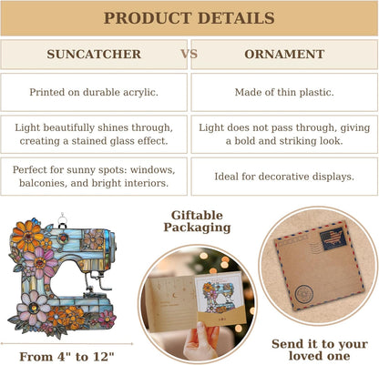 Vintage Sewing Machine Acrylic Suncatcher Stained Glass Effect Window Car Hanging Christmas Ornament Indoor Outdoor Decor Garden Sun Catcher Panel for Sewing Lover for Women Mom Grandma