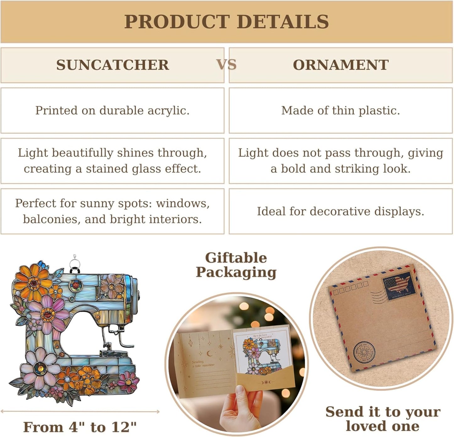Vintage Sewing Machine Acrylic Suncatcher Stained Glass Effect Window Car Hanging Christmas Ornament Indoor Outdoor Decor Garden Sun Catcher Panel for Sewing Lover for Women Mom Grandma