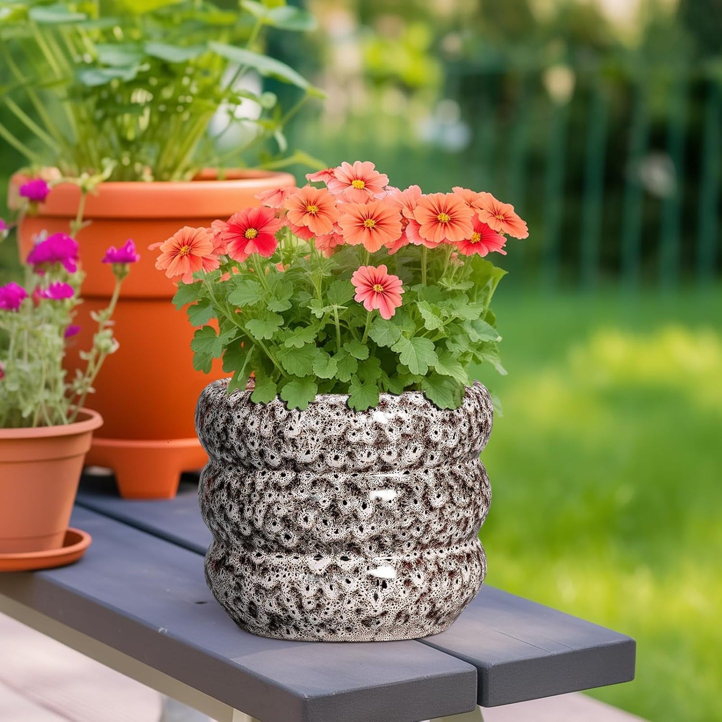 SQOWL Ceramic Plant Pots - 8 Inch Ceramic Planter for Indoor Plants Outdoor, Round Planter with Drainage Hole, Round Decorative Flower Pots, Living Room Office Garden Decor, Gardening Gifts, White