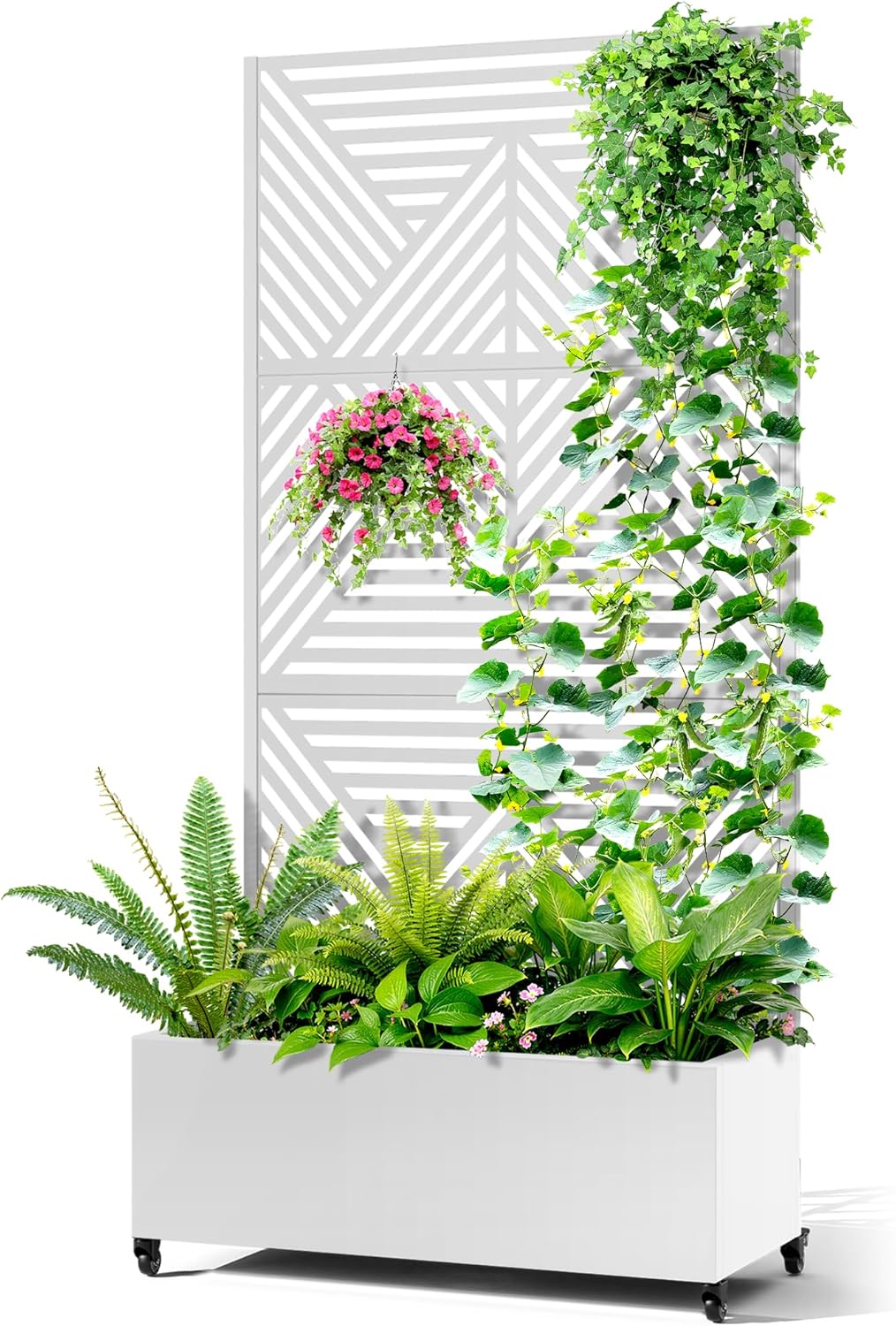 Metal Raised Garden Bed with Trellis, 2-in-1 Planter Box & Privacy Screen for Climbing Plants, Outdoor Standing Flower Bed with Drainage Holes, 35.4" L x 15.7" W x 70.1" H, White-Zodiac