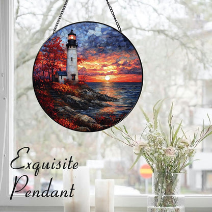 Coastal Lighthouse in Autumn Suncatcher -7.9 in Stained Glass Window Hanging Sun Catcher Garden Decor