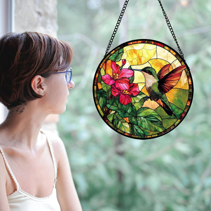 Stained Glass Suncatcher, Hummingbird Red Flowers Green Leaves Sun Catcher Stain Glass Window Hanging Decoration Mother's Day Birthday Gifts for Bird Lover Women Men Mom Nana 15 in