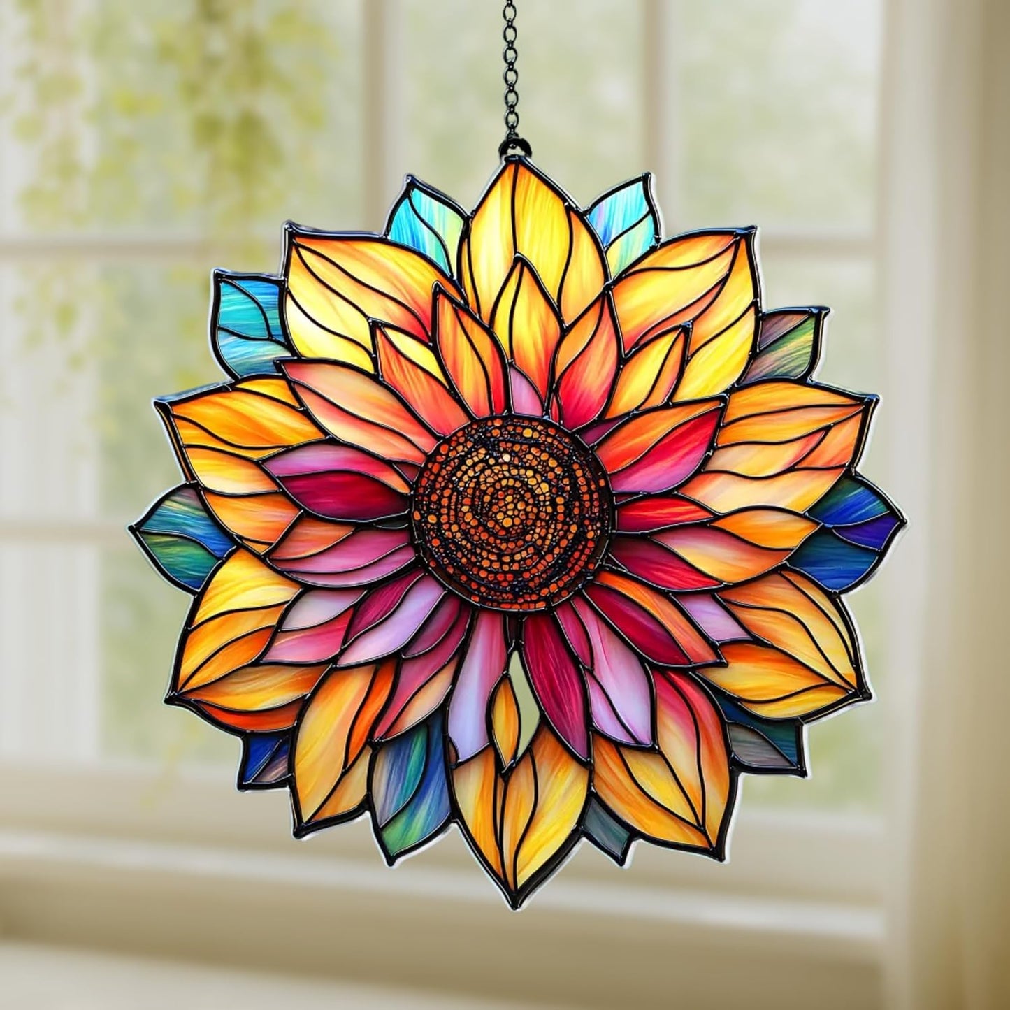 Mandala Sunflower Acrylic Suncatcher Stained Glass Effect Window Car Hanging Christmas Ornament Indoor Outdoor Decor Garden Sun Catcher Panel for Sunflower Lover for Women Mom Grandma