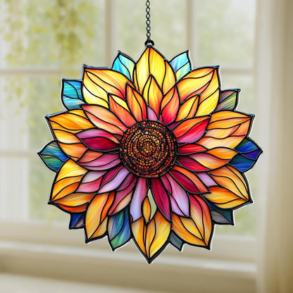 Mandala Sunflower Acrylic Suncatcher Stained Glass Effect Window Car Hanging Christmas Ornament Indoor Outdoor Decor Garden Sun Catcher Panel for Sunflower Lover for Women Mom Grandma
