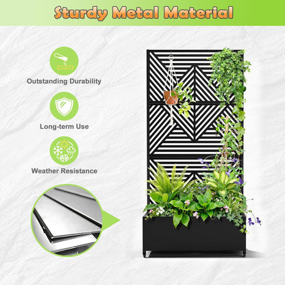 Metal Raised Garden Bed with Trellis, 2-in-1 Planter Box & Privacy Screen for Climbing Plants, Outdoor Standing Flower Bed with Drainage Holes, 35.4" L x 15.7" W x 70.1" H, Black-Zodiac
