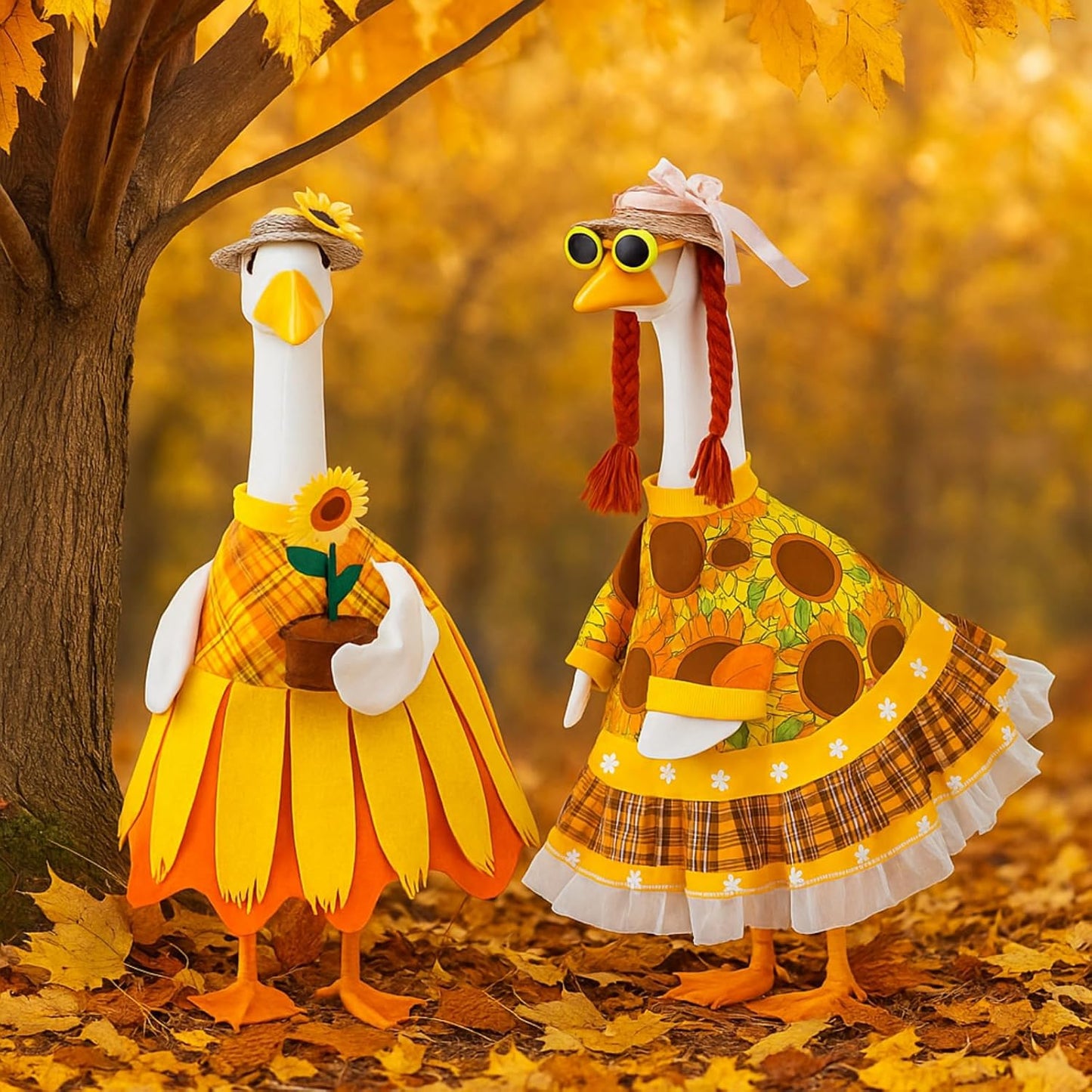 Abbylike 2 Set Fall Sunflower Porch Goose Outfit Sunflower Lawn Goose Costume 23'' Cement for Autumn Thanksgiving Yard Decor