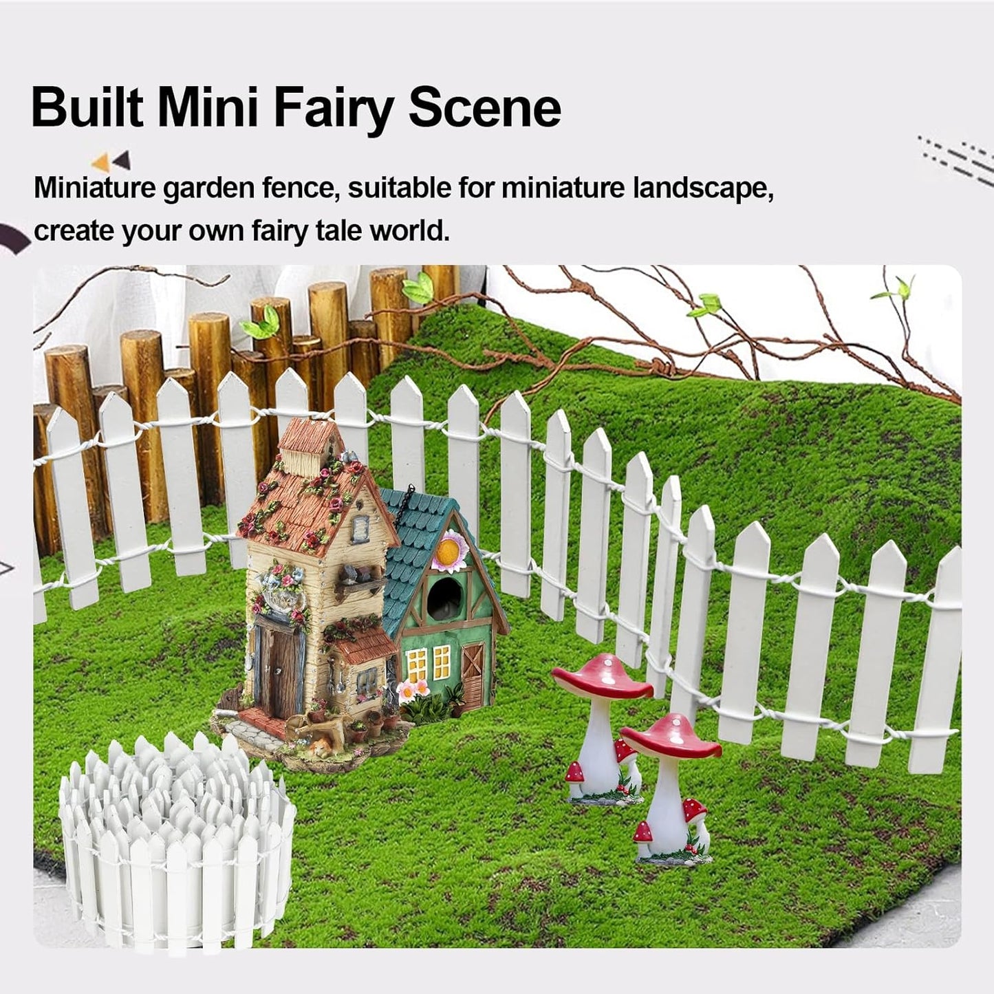 2Pcs Miniature Fairy Garden Fence,DIY Wood Picket Fence Mini Ornament,Home Garden Plant Pot DIY Diorama Project (White,1.96"x 35.4")