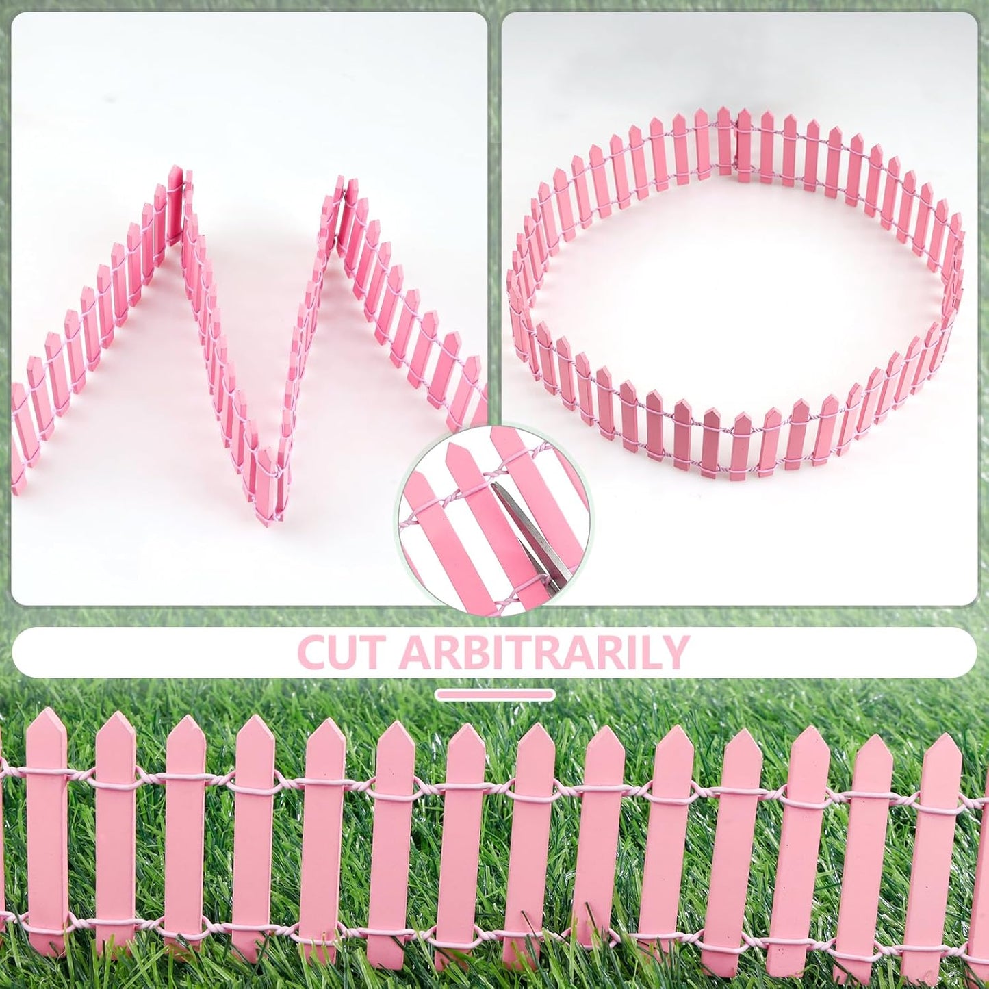Mini Fairy Garden Fence, 35.5x2 Inch Cuttable Small Wood Picket Fence, DIY Miniature Accessories Decoration for Dollhouse, Crafts, Vegetable Platter, Cake(Pink)