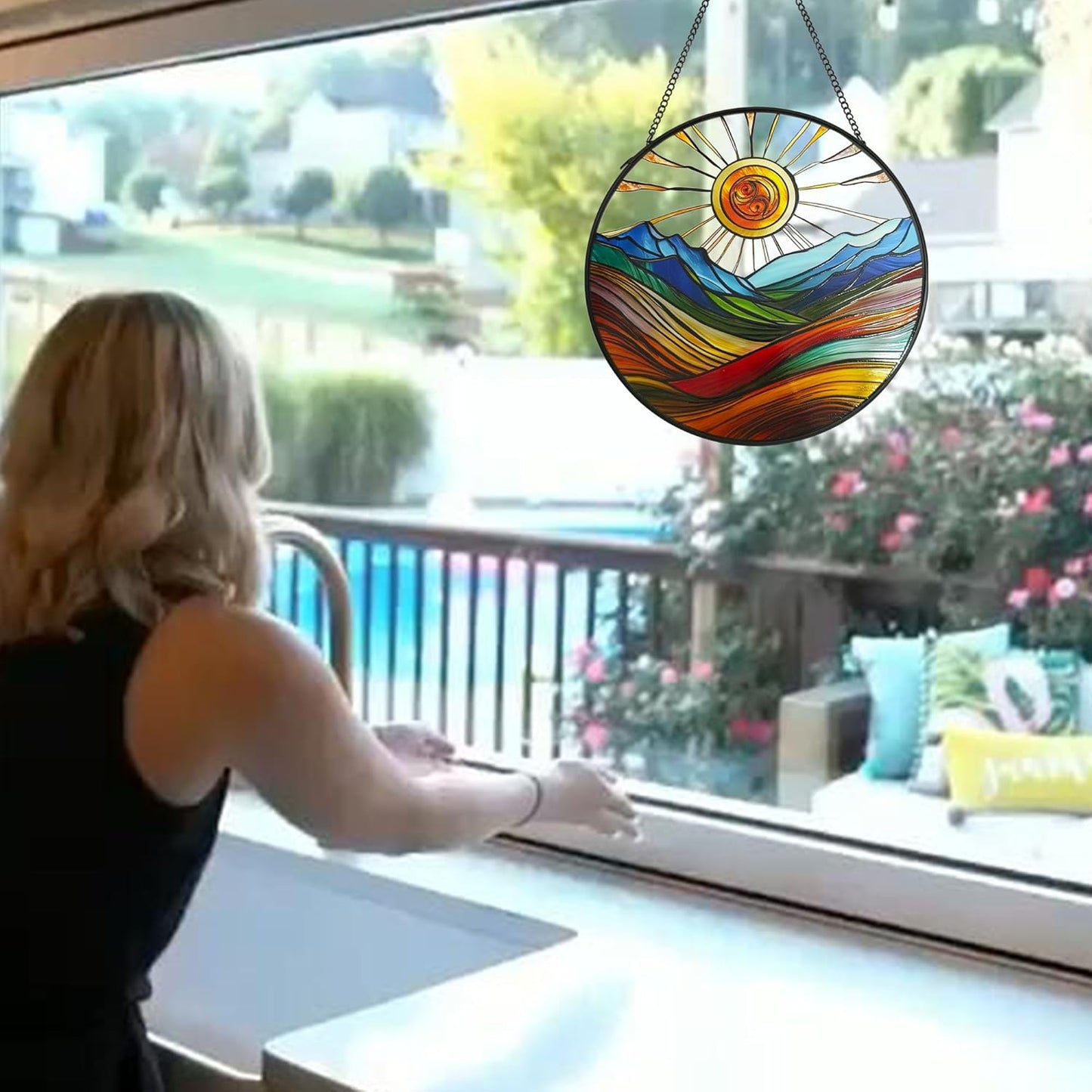 Sun Mountains Stained Glass Window Hanging, 7.9'' Sun Catchers Indoor Window Boho Wall Art Decor with Chain, Hand Painted Sun Catcher Gifts for Couples, Women