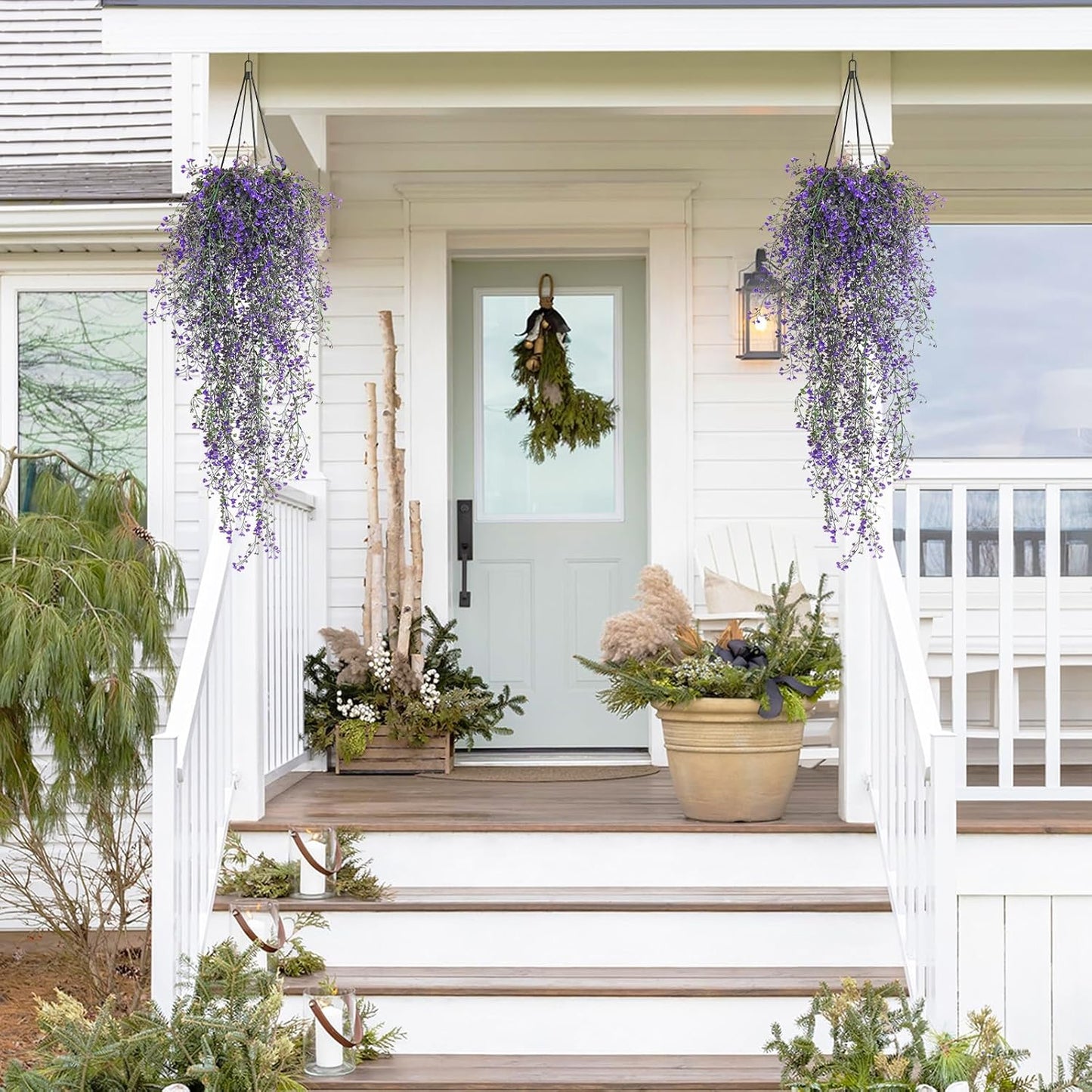 RECUTMS Artificial Vine Plants 2 Pack Fake Hanging Flower Plants Faux Ivy Vine Leaves Plastic Baby Breath Greenery UV Resistant for Home Bedroom Wall Porch Garden Wedding Decor (Purple)