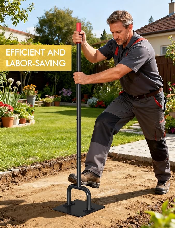 Heavy Duty 10"x10" Steel Tamper Tool with 57" Long Handle and Rubber Grip, Hand Compactor Tool for Soil, Gravel, Asphalt, Driveway, Sidewalk and Paver Base Leveling