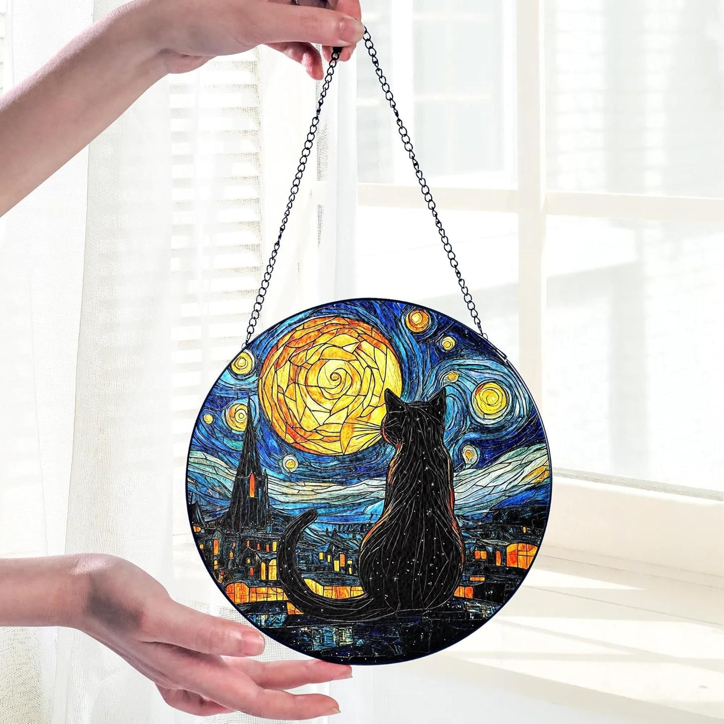 Black Cat Stained Glass Suncatcher Window Hanging Decor for Garden, Suncatcher Panel Ornament Decorations, Memorial Gifts for Cat Lovers, Women Pet Loss Sympathy Gift for Window Living Room Garden