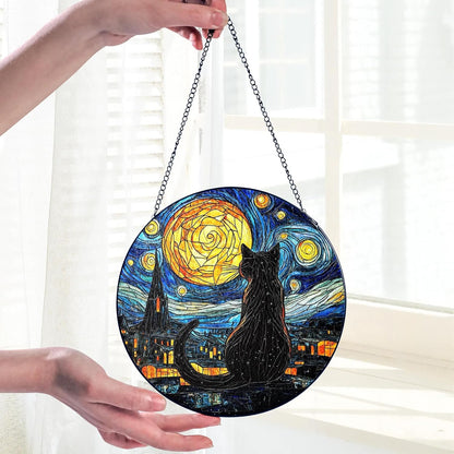 Black Cat Stained Glass Suncatcher Window Hanging Decor for Garden, Suncatcher Panel Ornament Decorations, Memorial Gifts for Cat Lovers, Women Pet Loss Sympathy Gift for Window Living Room Garden