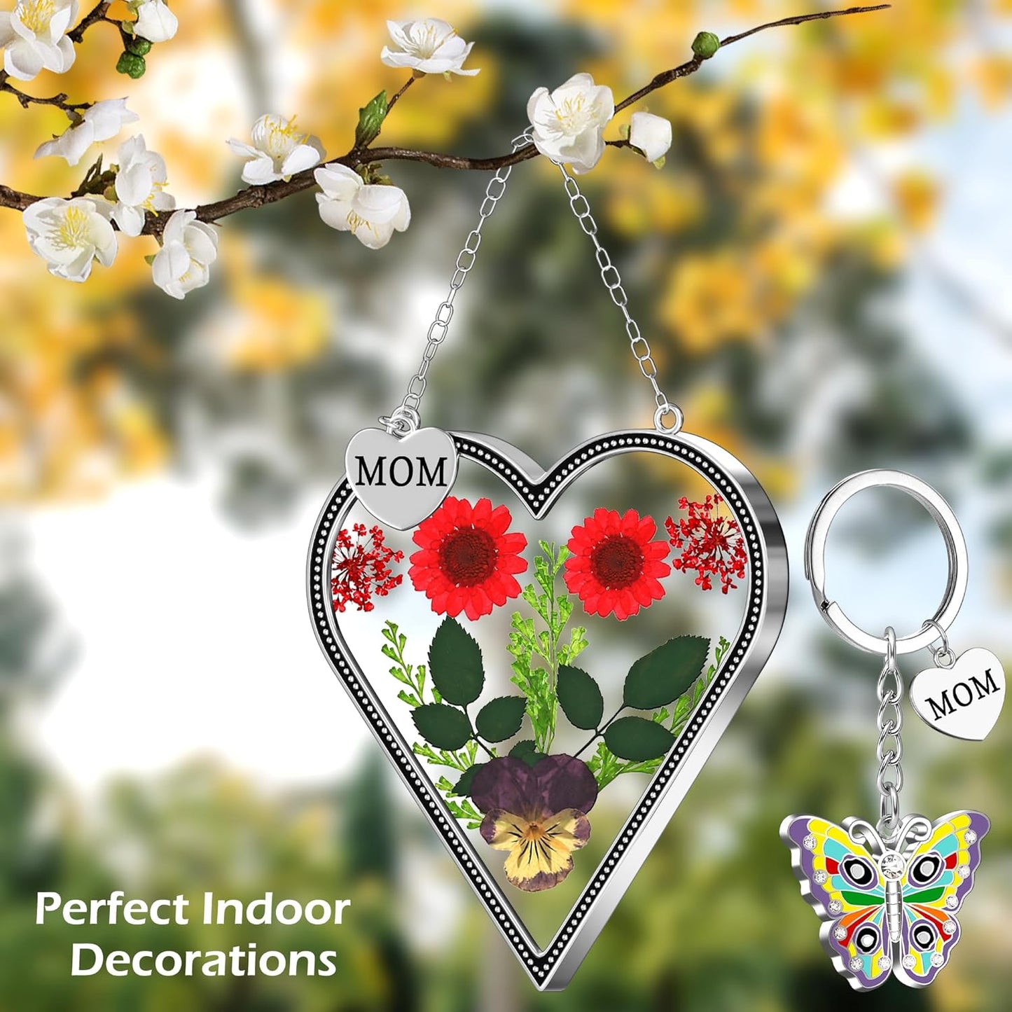 KY&BOSAM Heart Suncatcher for Windows Hangings Mom Stained Glass Butterfly Suncatchers Pressed Flower Between Heart in Glass and Metal Charm Gifts for Mom Mother's Day Valentine's Birthday Christmas