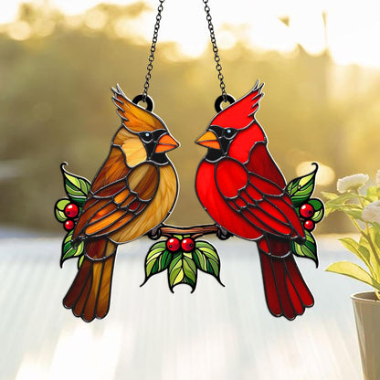 Cardinal Bird Suncatcher – Acrylic Window Hanging Ornament, Red & Brown Cardinal Couple, Memorial Bird Sun Catcher Gift for Mom, Nature Garden Window Decor (Sun-32)