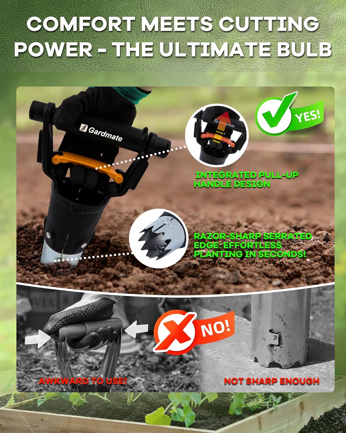 Bulb Planter Tool - One-Touch Automatic Bulb Planter for Bulbs, Seeds & Seedlings - 5" Depth Stainless Steel Garden Bulbs Dibber with Ergonomic Handle - No Bend Planting, Includes Gloves