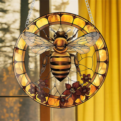 Yellow Bee Stained Suncatchers for Windows Flower Indoor Outdoor Hanging Stained Acrylic Panels, Kitchen Bedroom Garden Wall Art Decoration Gifts for Women Mom Grandma Teacher